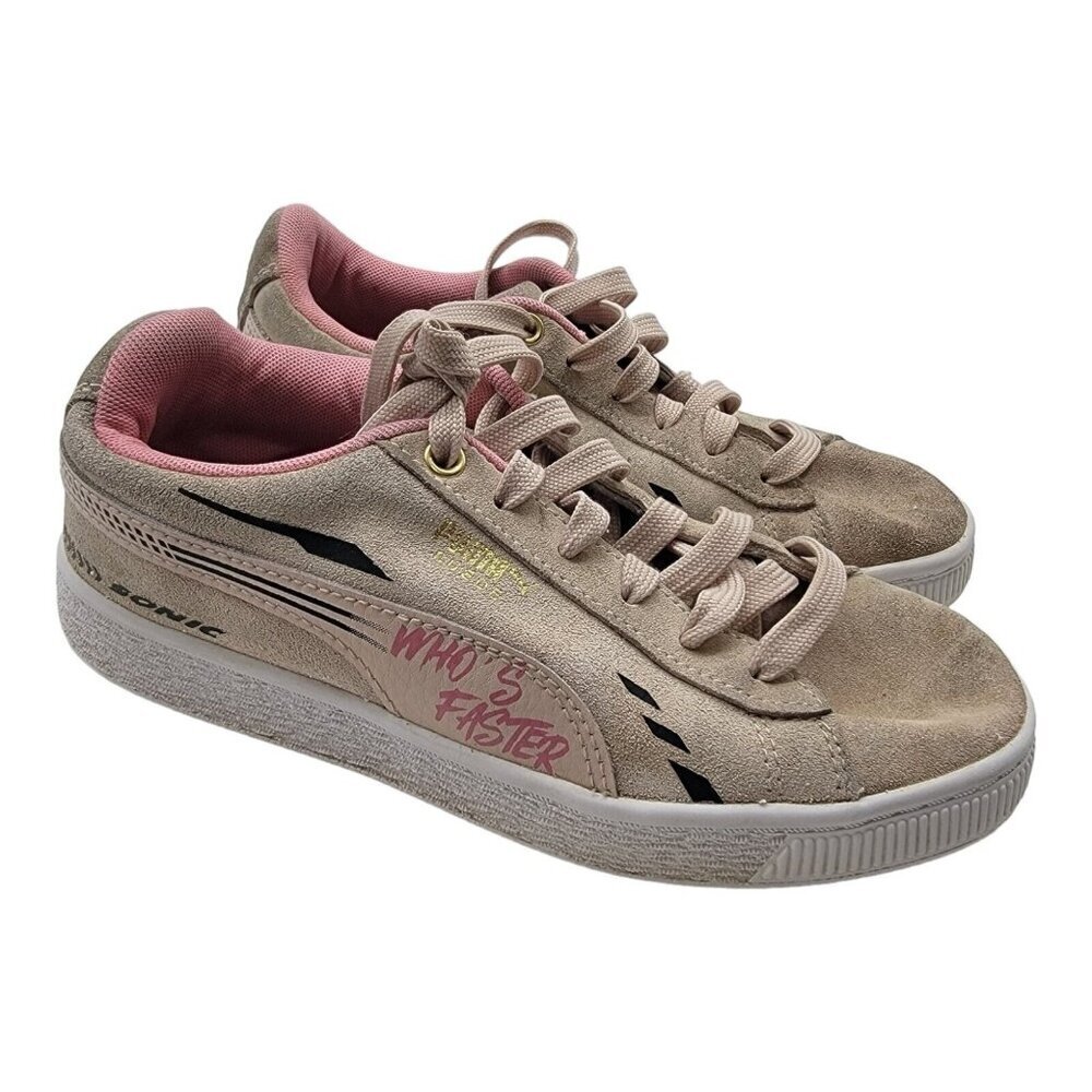 Puma Shoes Kids Size 3.5C x Sega Sonic The Hedgehog Lace-Up Pink Suede Leather